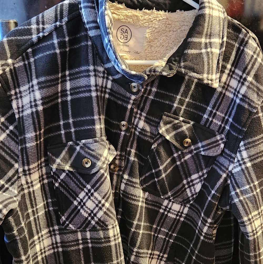 Black and White Plaid Button-Up Fleece Jacket